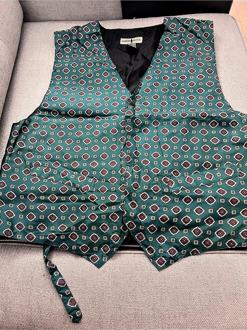 Y2K 2000s Vintage Robert Stock Geometric Diamond Print Silk Vest Teal Green/Red